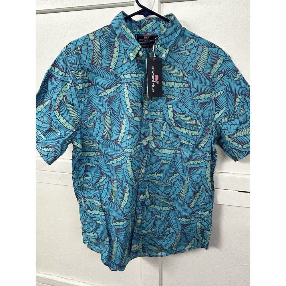 Vineyard Vines Men’s Blue and Green Leaf Print Casual Button Down Shirt